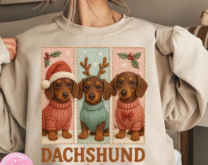 Faux Embroidery Dachshund Christmas PNG, Retro Holiday Design (Digital Download)