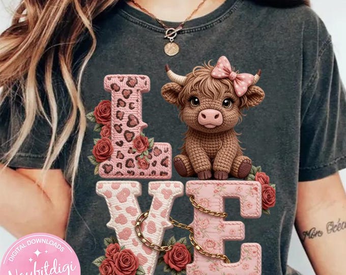 LOVE Highland Cow PNG – Cute Valentine Cow Clipart, Faux Embroidery Farm Animal, Floral Cowgirl Western Nursery Design, Digital Download