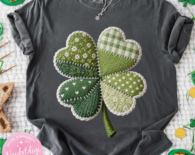 St Patrick’s Day Clover PNG, Lucky Shamrock Patchwork Png, Faux Embroidery Irish Clover PNG, Green St PatricksDesign, Instant Download