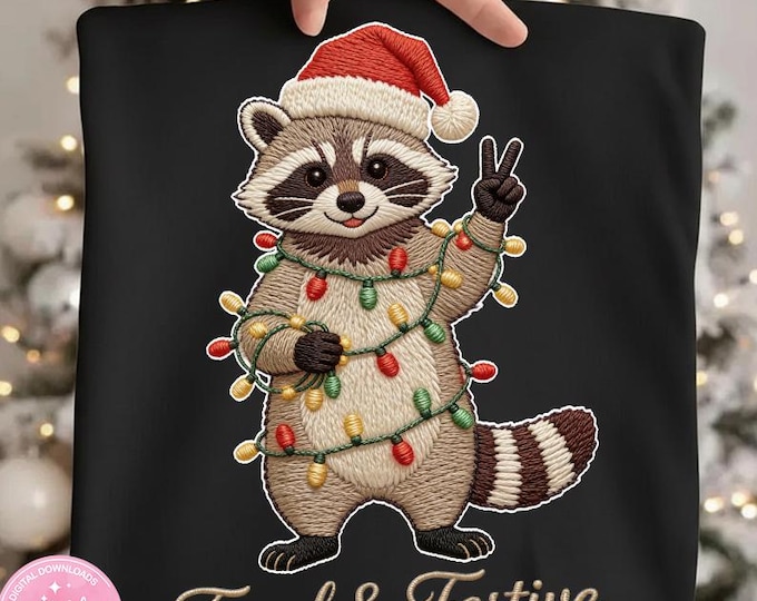Feral & Festive Christmas Raccoon PNG – Embroidered Style Funny Holiday Animal Sublimation Design