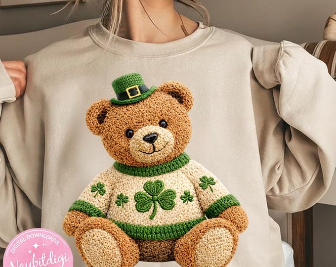 St. Patrick’s Day Crochet Teddy Bear PNG – Shamrock Bear Sublimation Design (Digital Download)