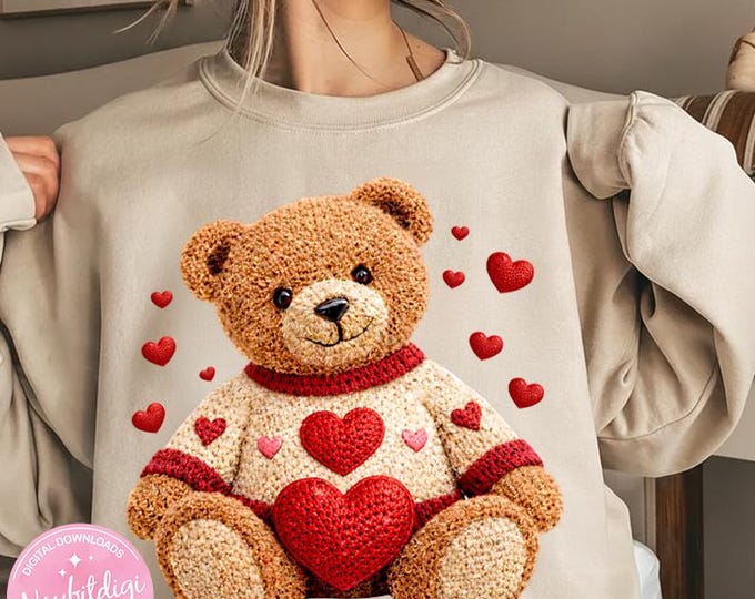 Valentines Day Crochet Teddy Bear PNG – Love Heart Bear Sublimation Design (Digital Download)