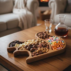 May include: A wooden serving tray with several sections containing snacks. The tray is filled with chocolate pieces, nuts, pretzels, and colourful sweets. A glass decanter with a dark liquid and a glass are on the table.