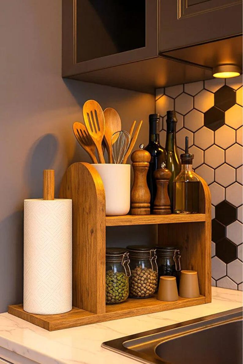 Rustic Wooden Kitchen Organizer – Spice Rack & Paper Towel Holder Shelf ...