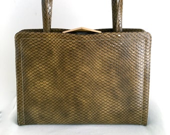 1960's Coquette Snake Embossed Patent Leather Bag, Khaki Tan