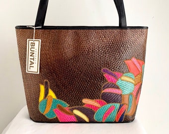 Vintage Buntal Woven Straw Bag with Colorful Applique
