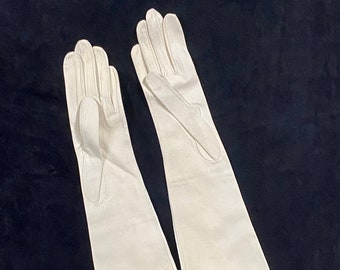 Vintage Leather Gloves, Elbow Length White Kid Leather Gloves Size 6 1/2