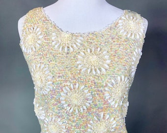 1960's Medium Beaded and Sequined Sleeveless Sweater Top, Ivory and White with Opalescent Sequins