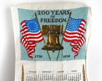 Vintage Linen Calendar Towel, Bicentennial Flags, Liberty Bell, 1976