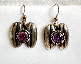 Aretes Vintage de Plata, Frijol Doble con Cabujón de Amatista, Plata Mexicana