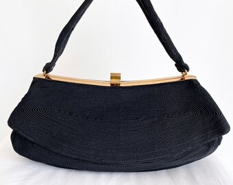 Vintage Black Corde Handbag, 1940's Ladies Purse