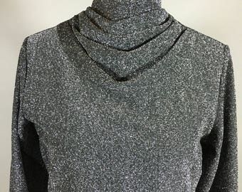 Vintage Black and Silver Sparkle Top with Cowl Neck, Women's L/XL