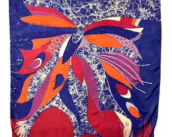 Vintage Silk Scarf Foulard, Butterfly Batik, 90 cm