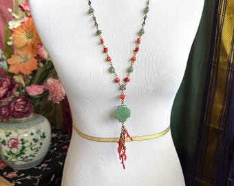 Vintage Jan Michaels Coral and Jade Necklace