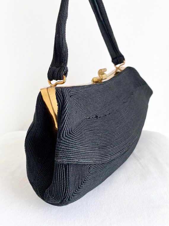 Vintage Black Corde Handbag, 1940's Ladies Purse - image 2