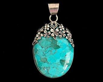 Turquoise and Sterling Pendant with Floral Design