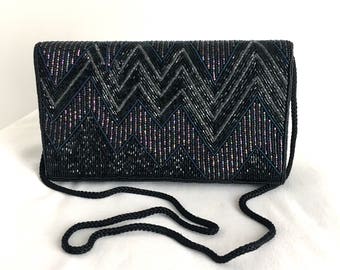 Vintage Black Beaded Evening Bag with Zig Zag Design