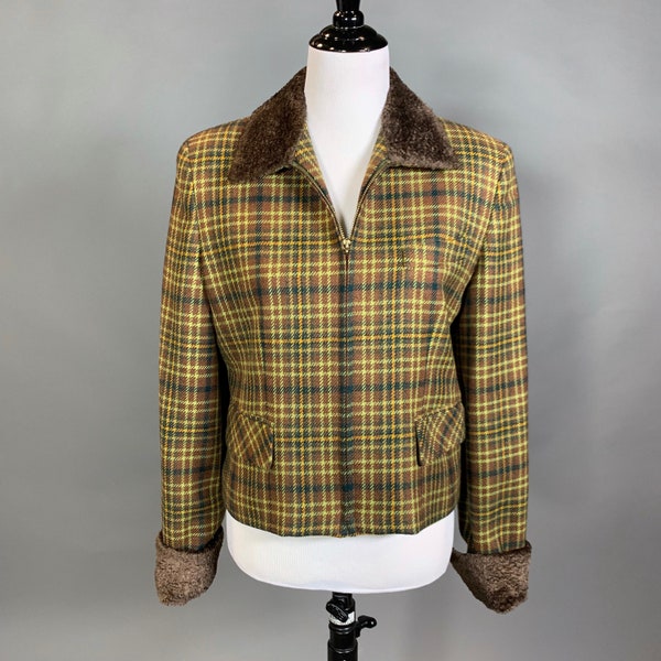 Vintage Burberry Plaid Wool Jacket, Green and Brown with Faux Fur Collar, Size 8