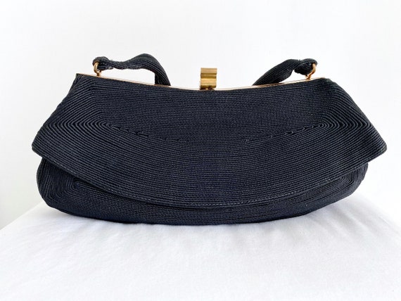 Vintage Black Corde Handbag, 1940's Ladies Purse - image 6