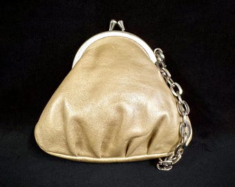 Vintage Small Champagne Leather KissLock Clutch by Hobo International