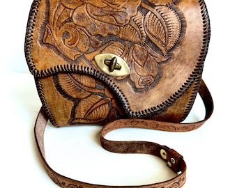 Vintage Tooled Leather Shoulder Bag with Rose Design
