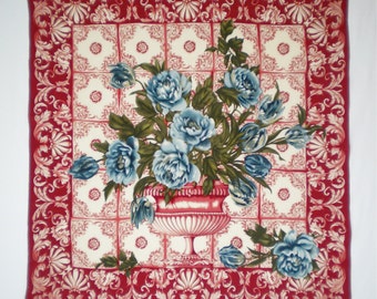 Silk Scarf Cream and Maroon Baroque Style Urn with Blue Flowers