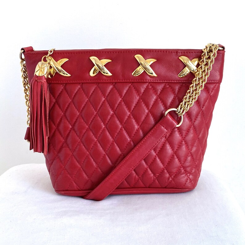 Quilted Red Leather Shoulder Bag With Gold Chain Strap by Fire Etsy