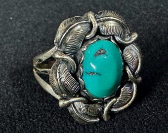 Vintage Sterling Silver and Turquoise Ring by Navajo Artist Ellen Myrtle, Size 5.5