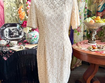 Vintage 80's Ivory Beaded and Lace Sheath Dress