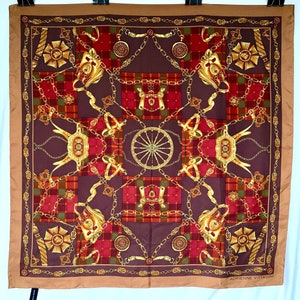 Silk Scarf Foulard, Adrienne Vittadini, Tan, Gold, Purple Saddles and Chains