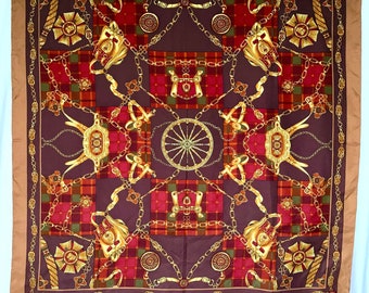 Silk Scarf Foulard, Adrienne Vittadini, Tan, Gold, Purple Saddles and Chains