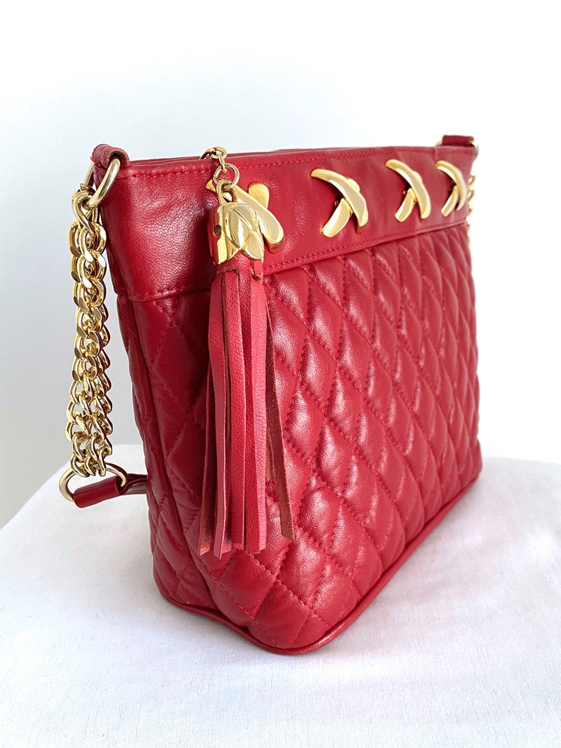 Quilted Red Leather Shoulder Bag With Gold Chain Strap by Fire - Etsy