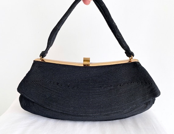 Vintage Black Corde Handbag, 1940's Ladies Purse - image 1