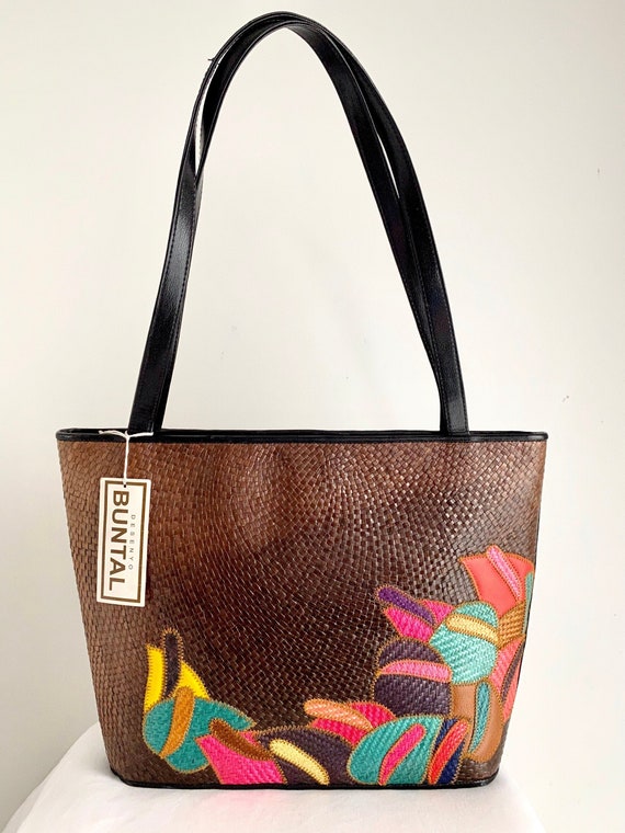 Vintage Buntal Woven Straw Bag with Colorful Appli