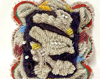 1800's Iroquois Beaded Pincushion Whimsey, 19th Century Native American, Beaded Bird and Floral Motif