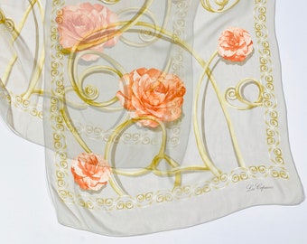 Vintage Les Copains Silk Scarf Foulard, Beige and Orange Floral