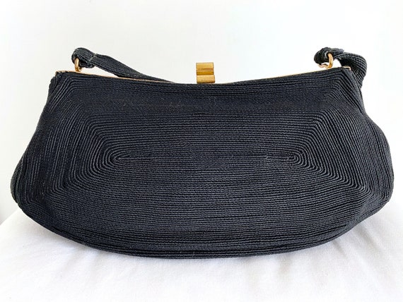 Vintage Black Corde Handbag, 1940's Ladies Purse - image 4