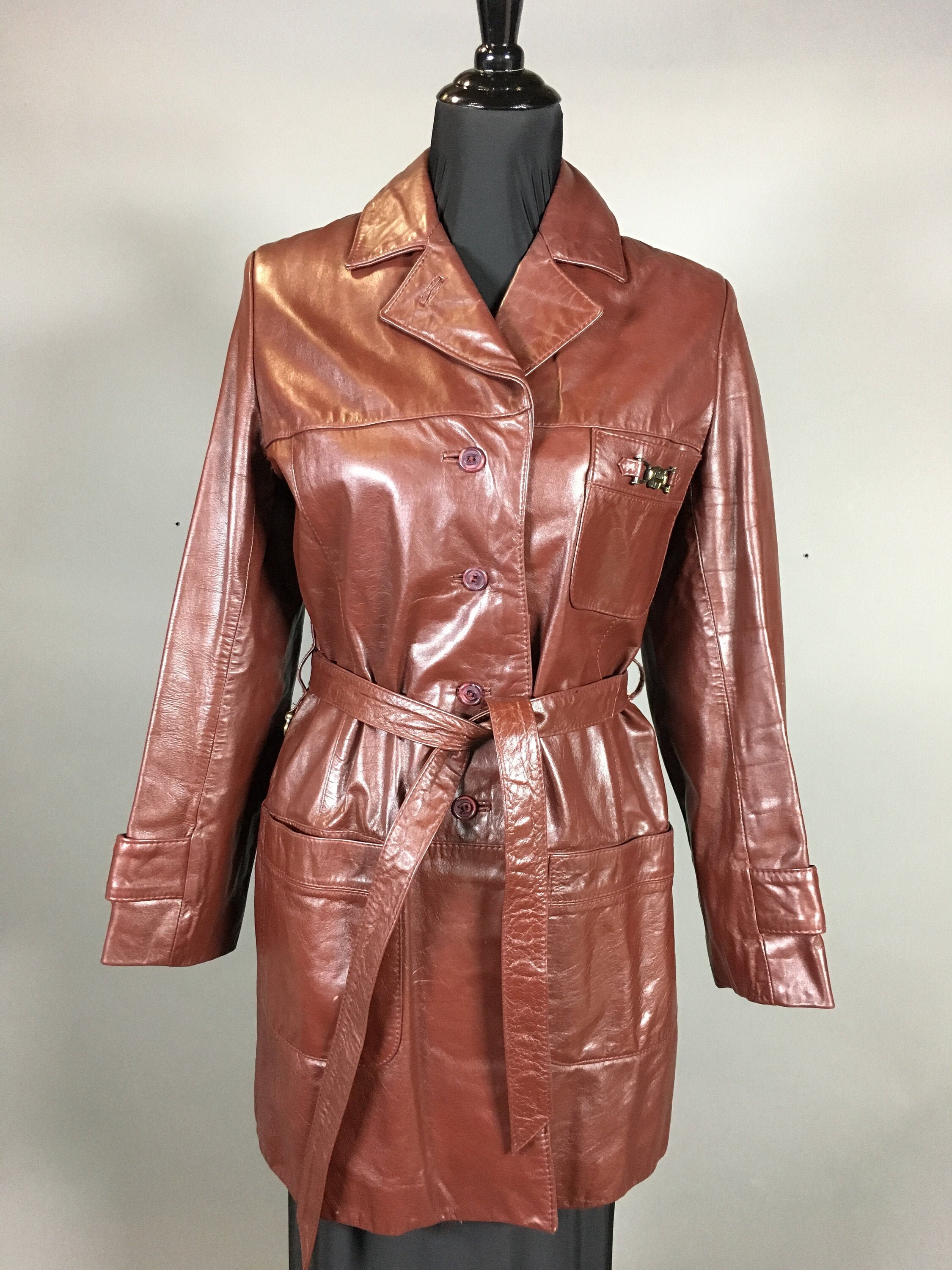 Etienne Aigner Cordovan Maroon Leather Coat SIZE SMALL Knee | Etsy