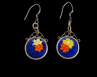Flower Enameled Farthing Coin Earrings