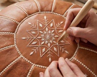 Authentic Moroccan Leather Pouf - Genuine Goat Leather Pouffe, Handmade Ottoman Footstool, Bohemian Floor Cushion Cover, Tan Brown