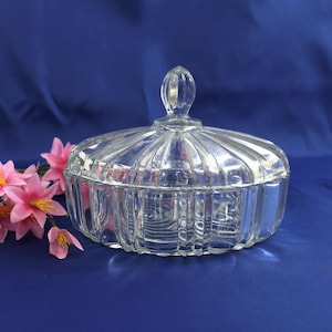 Vintage 60s Glass Candy Dish with Lid, Trinket Dish, Vanity Jar, Dresser Jar 7"W x 6"T