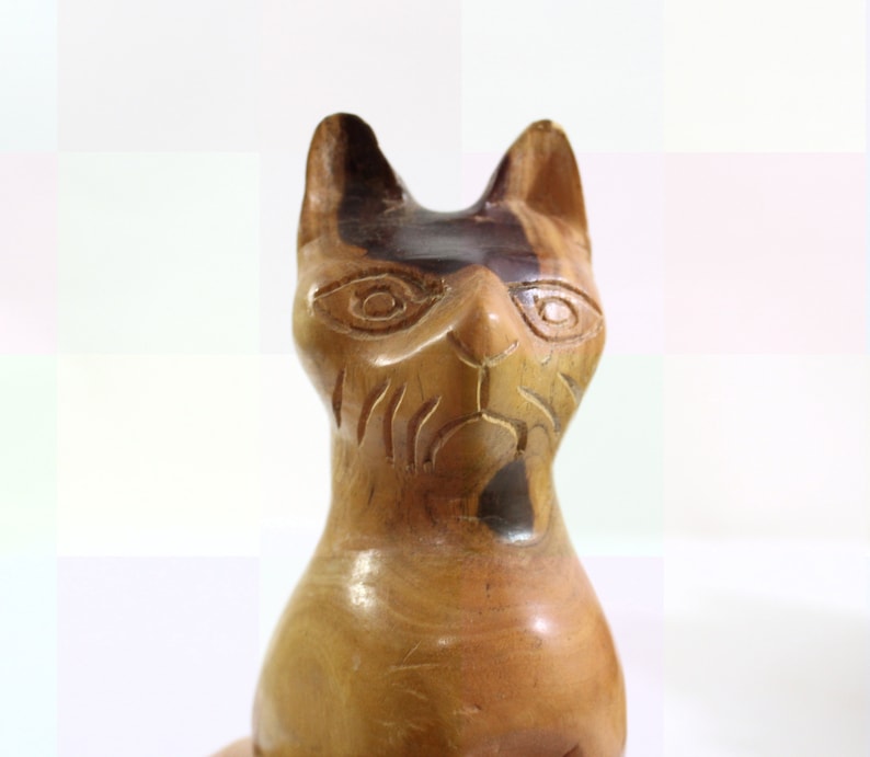 Vintage Folk Art Cat Sitting on Haunches Carved from Solid Wood with Various Wood Knots, Signed image 2