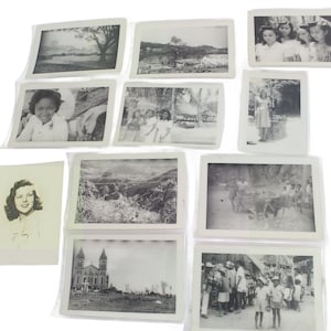 Lot 11 Vintage Black/White War-Time South Pacific Photos ? Look Like a Polynesian Setting, Most Encased in Plastic