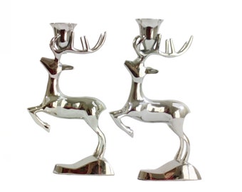 Vintage Pair Leaping Deer Silver Taper Candlestick Holders, Shiny Silver, Mantel or Table Decoration