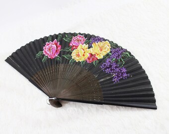 Vintage DAMAGED Black Floral Folding Hand Fan with Roses & Violets, Gothic Costume