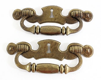 Pair Oversized Vintage Brass Drawer Pulls 8.5"L, Screw Spacing 6.25"L, Display as Funky Wall Decor or Towel Bars