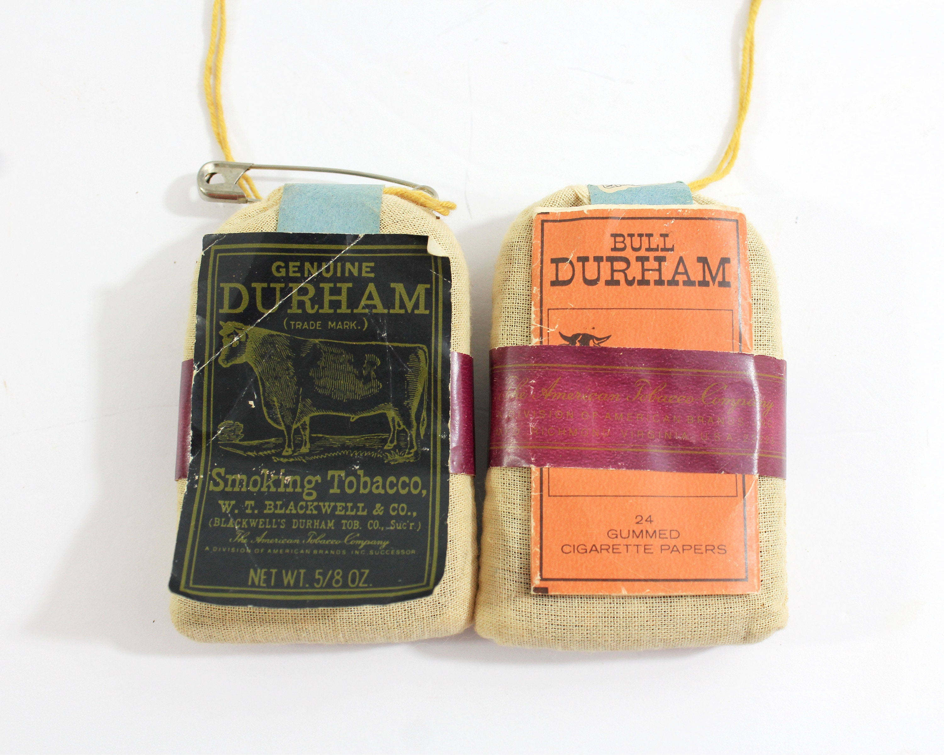 durham tobacco Vintage Bull Durham Smoking Tobacco 2 Full Pouches With Rolling Papers,  Marked WT Blackwell & the American Tobacco Co Richmond Virginia