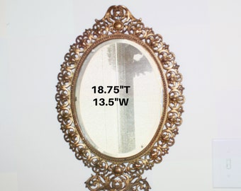 Vintage Oval Wall Mirror with Art Nouveau Scrollwork Edges & Beveled Glass, Heavy Mirror with Old Patina 18.75"L x 13.5"W