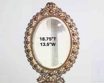 Vintage Oval Wall Mirror with Art Nouveau Scrollwork Edges & Beveled Glass, Heavy Mirror with Old Patina 18.75&quot;L x 13.5&quot;W