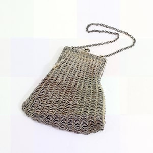 Antique Evening Bag/Purse 1920&#39;s, Silver Tone Beading Over Crochet, Ornate Embossed Frame, Chain Handle, Green Velvet Interior, Flapper Bag